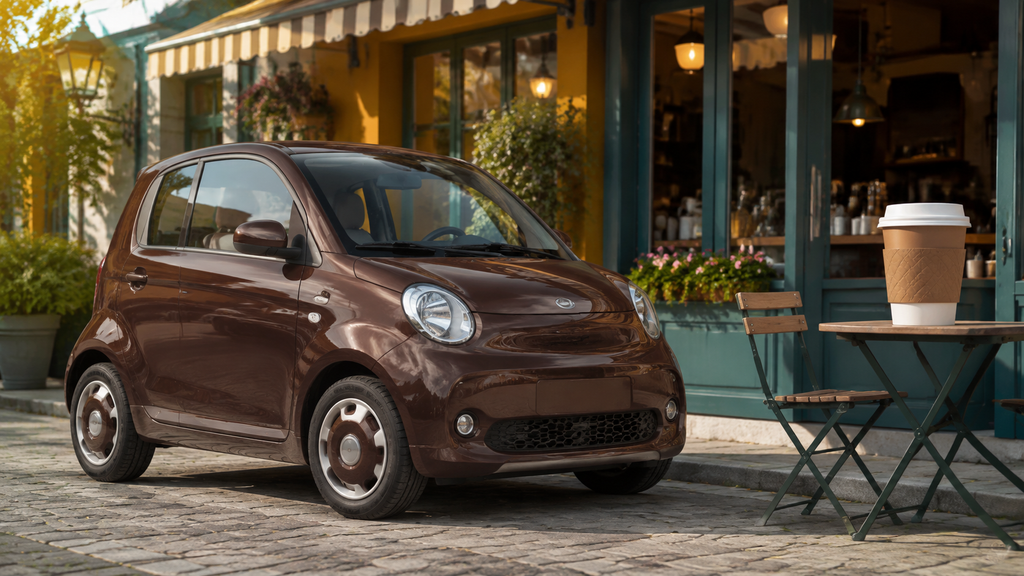 Playful brown city car photographed in a colourful setting