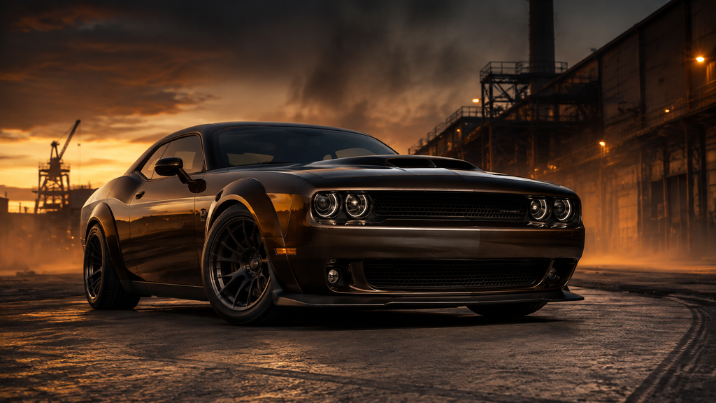 Powerful dark brown muscle car photographed at dusk