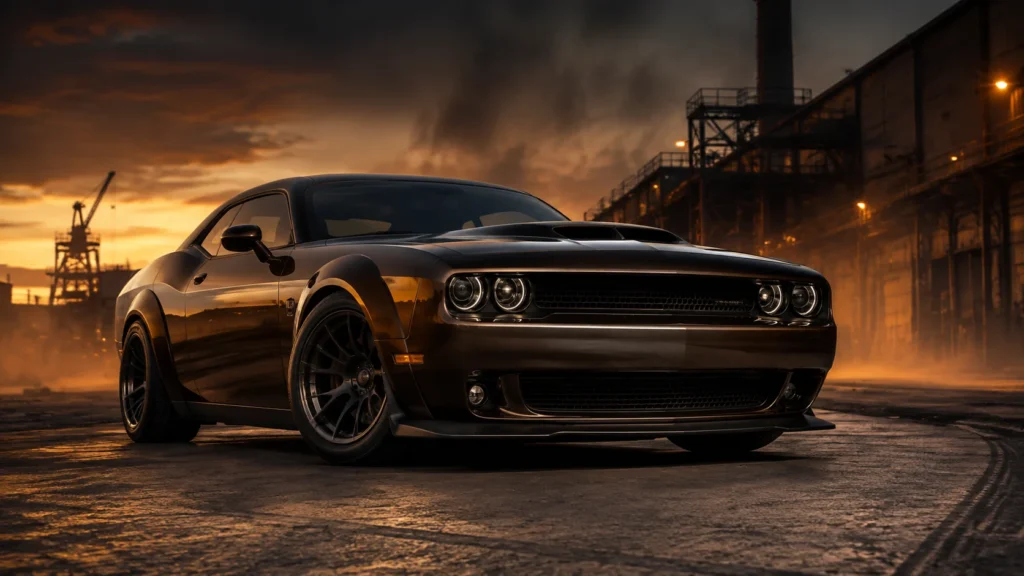 Powerful dark brown muscle car photographed at dusk