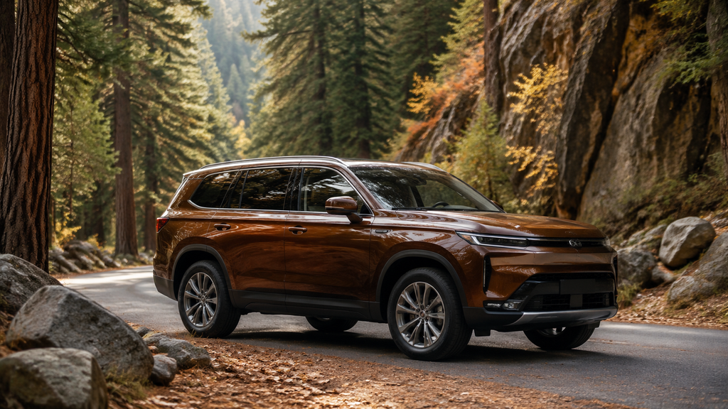Metallic brown SUV on a scenic autumn forest road