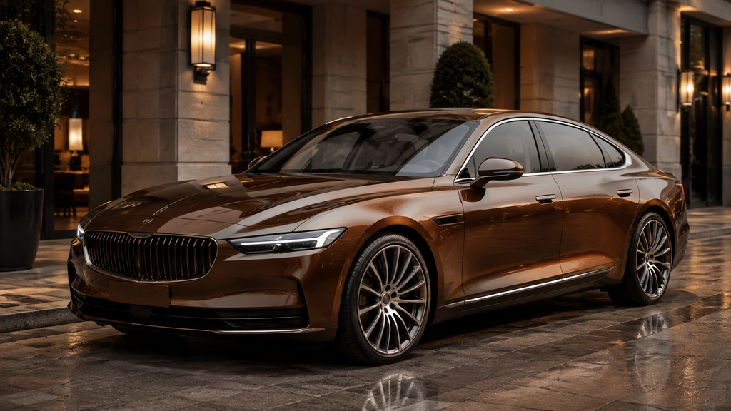 Premium metallic brown sedan in an elegant city setting