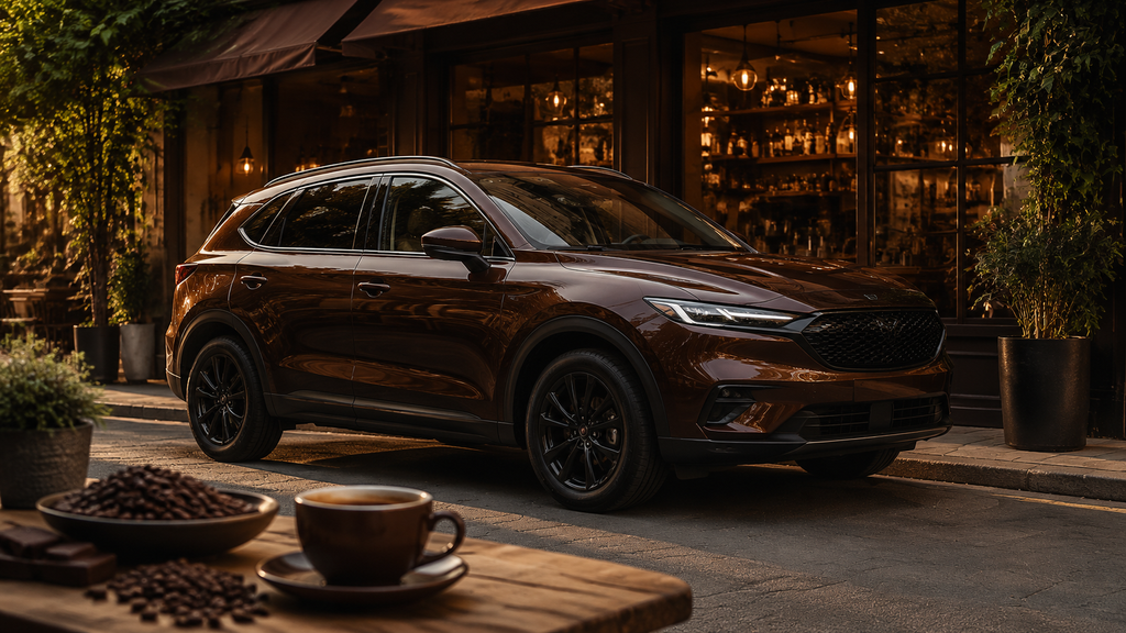 Chocolate brown car outside a modern coffee shop