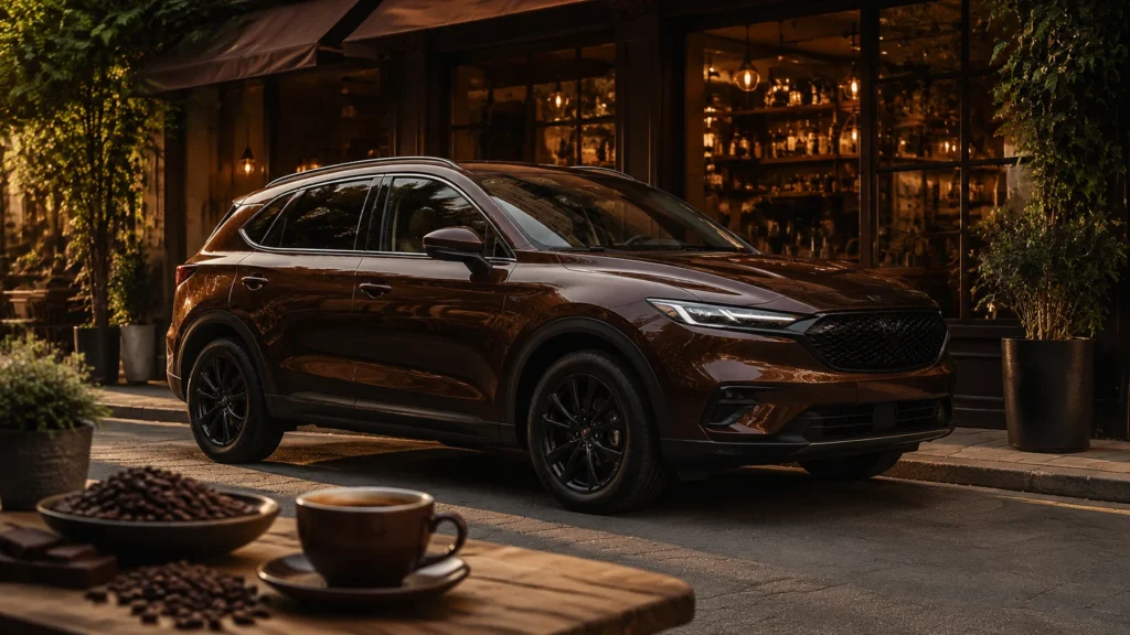 Chocolate brown car outside a modern coffee shop