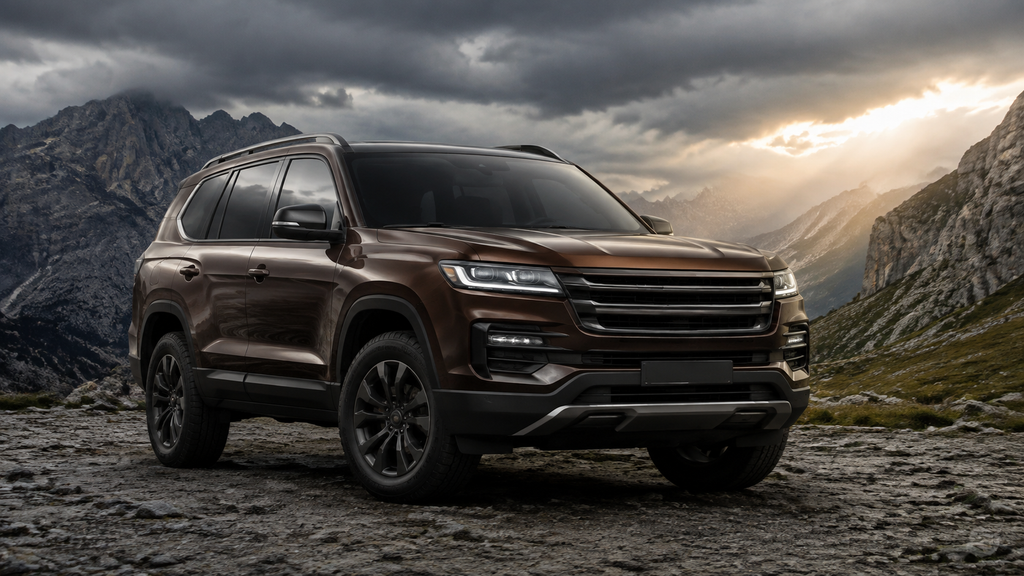 Strong dark brown SUV in a rugged landscape