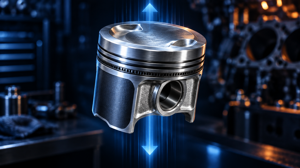 Aluminum engine piston showing its crown, rings, skirt and wrist-pin opening