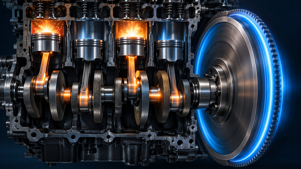 Engine cutaway showing how a flywheel smooths crankshaft rotation