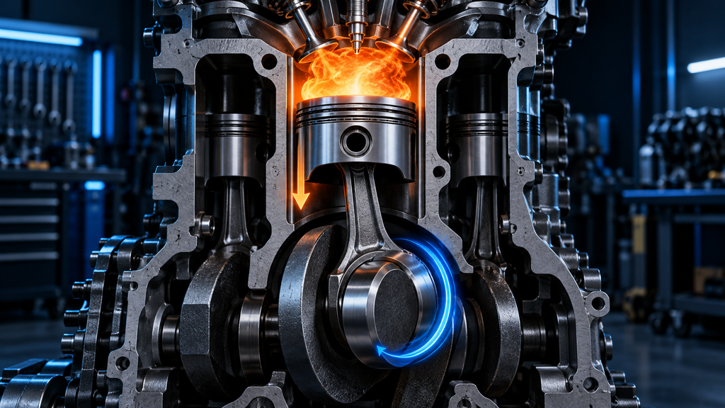 Combustion pushing an engine piston down and rotating the crankshaft