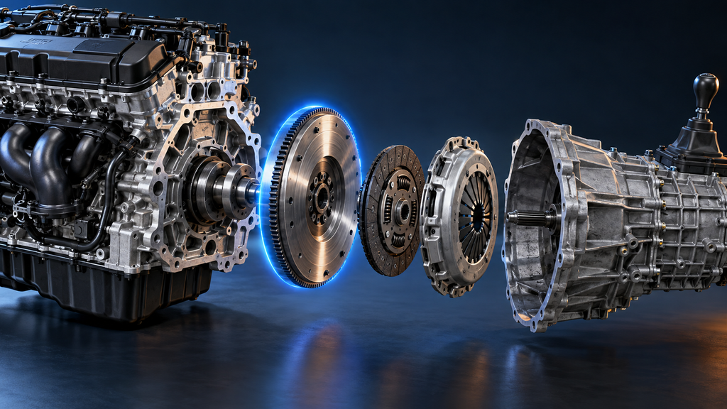 Exploded drivetrain showing the flywheel between the engine and clutch