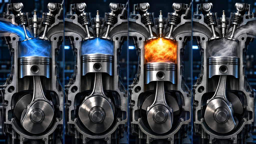 Piston positions during the intake, compression, power and exhaust strokes