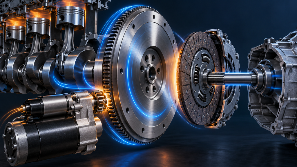 Flywheel connected to the crankshaft, starter motor, clutch and transmission