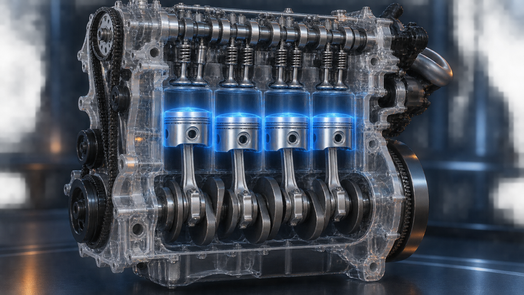 Transparent inline-four engine showing pistons inside the cylinder bores