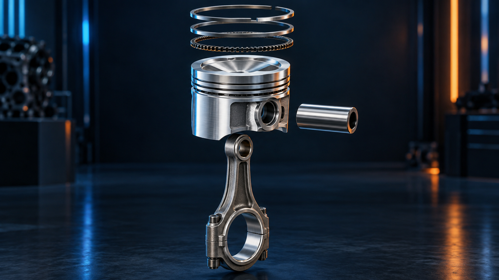 Exploded piston assembly with piston rings, wrist pin and connecting rod