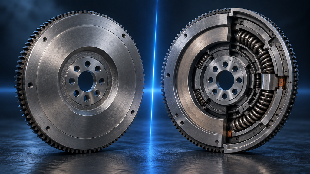 Single-mass flywheel beside a cutaway dual-mass flywheel