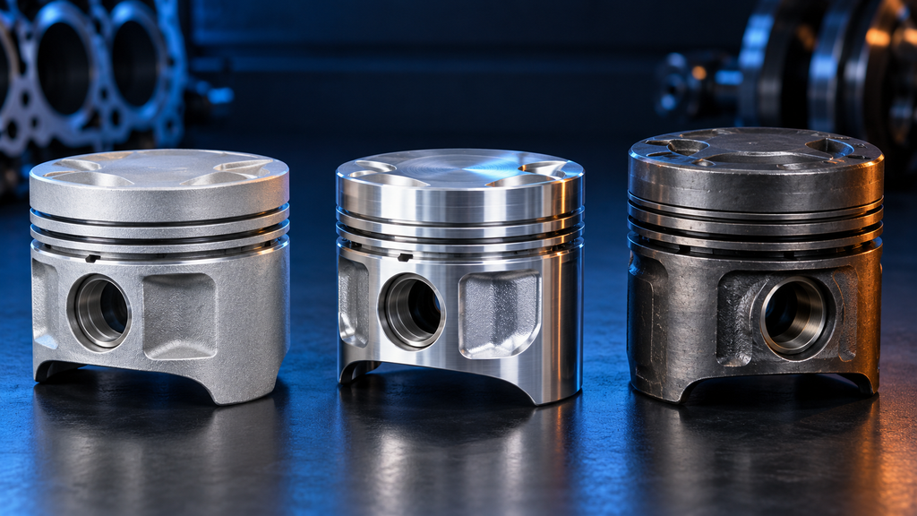 Cast aluminum, forged aluminum and steel engine pistons compared
