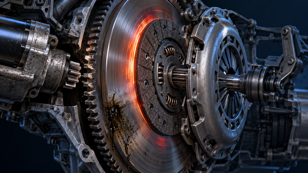 Flywheel damage caused by clutch heat, oil contamination and starter misalignment