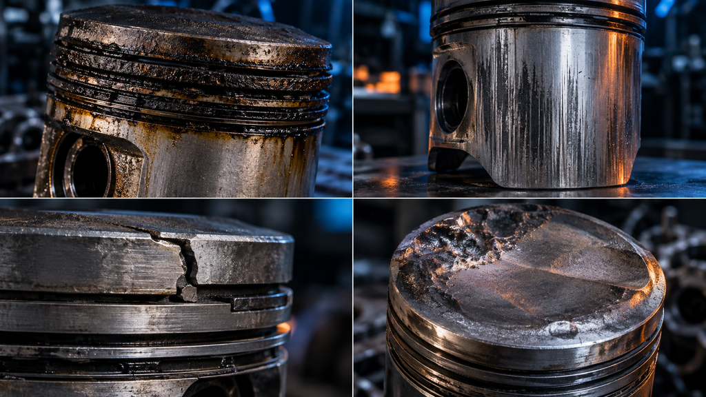 Examples of carbon deposits, piston scuffing, cracked ring lands and crown damage