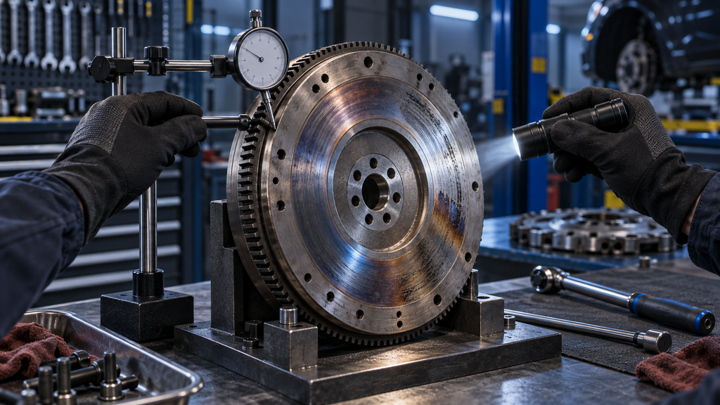 Mechanic inspecting a flywheel with a dial indicator and flashlight