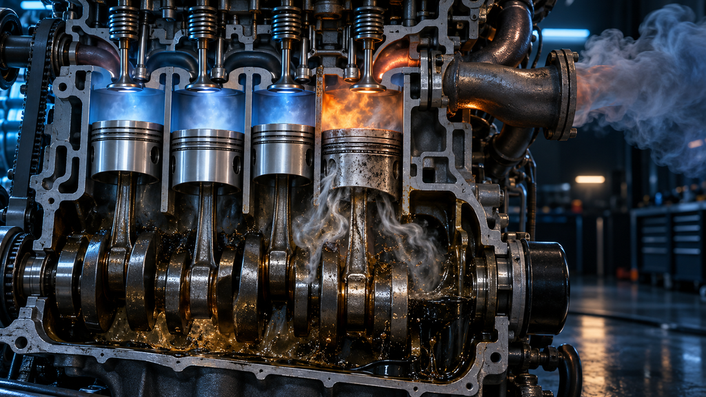 Engine cutaway illustrating piston-ring blow-by, oil burning and exhaust smoke