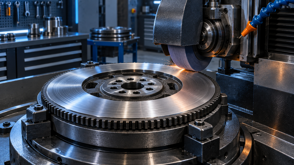 Single-mass flywheel being resurfaced on a precision grinding machine