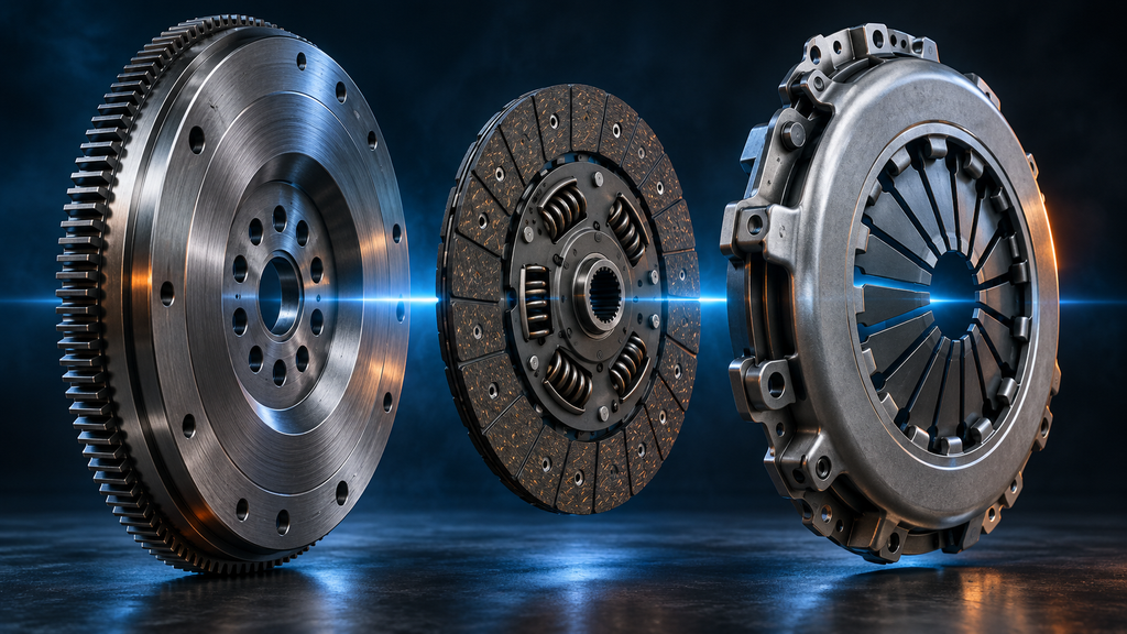Flywheel, clutch disc and pressure plate shown as separate drivetrain components