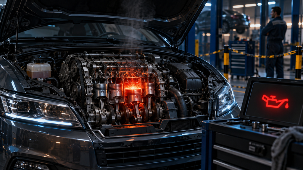 Overheating piston and oil-pressure warning indicating the engine should be stopped