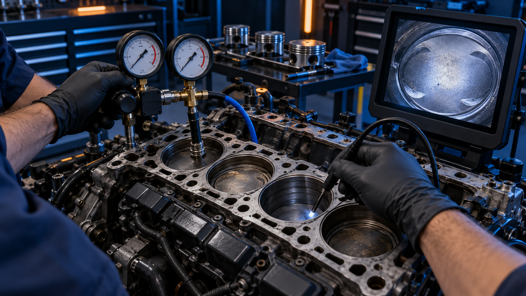 Technician performing leak-down and borescope tests on engine cylinders