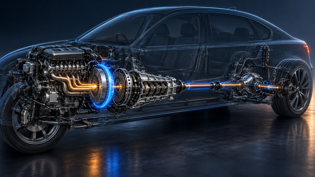 Vehicle drivetrain cutaway highlighting the flywheel between engine and transmission