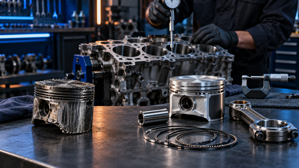Damaged piston beside replacement parts during a professional engine rebuild