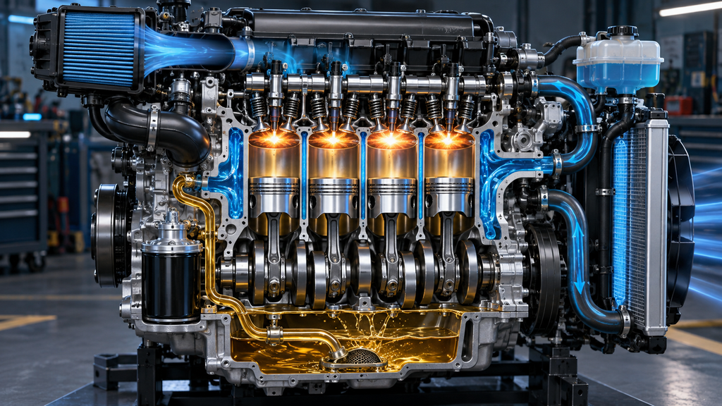 Healthy engine showing clean air, oil lubrication and coolant protecting its pistons