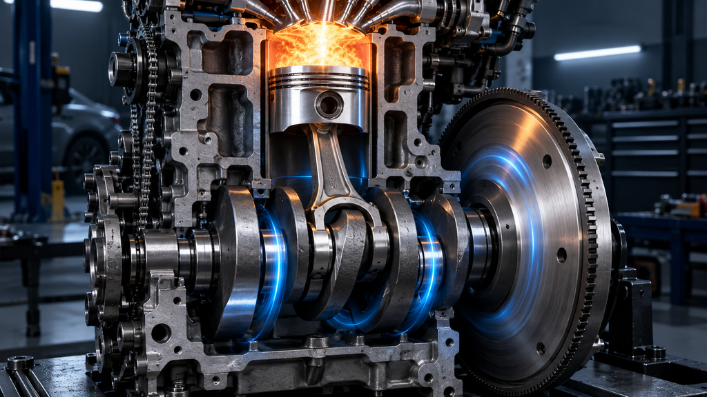 Piston transferring combustion force through the connecting rod to the crankshaft