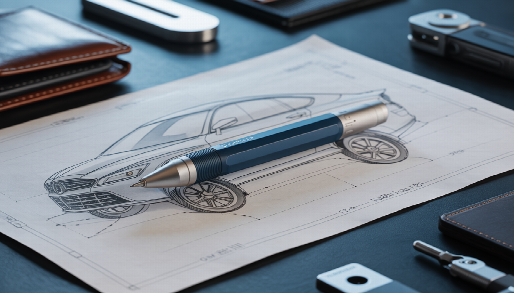 The image showcases a sophisticated minimalist workspace, highlighting a sleek mechanical pencil on a modern desk alongside a stylish wallet.
