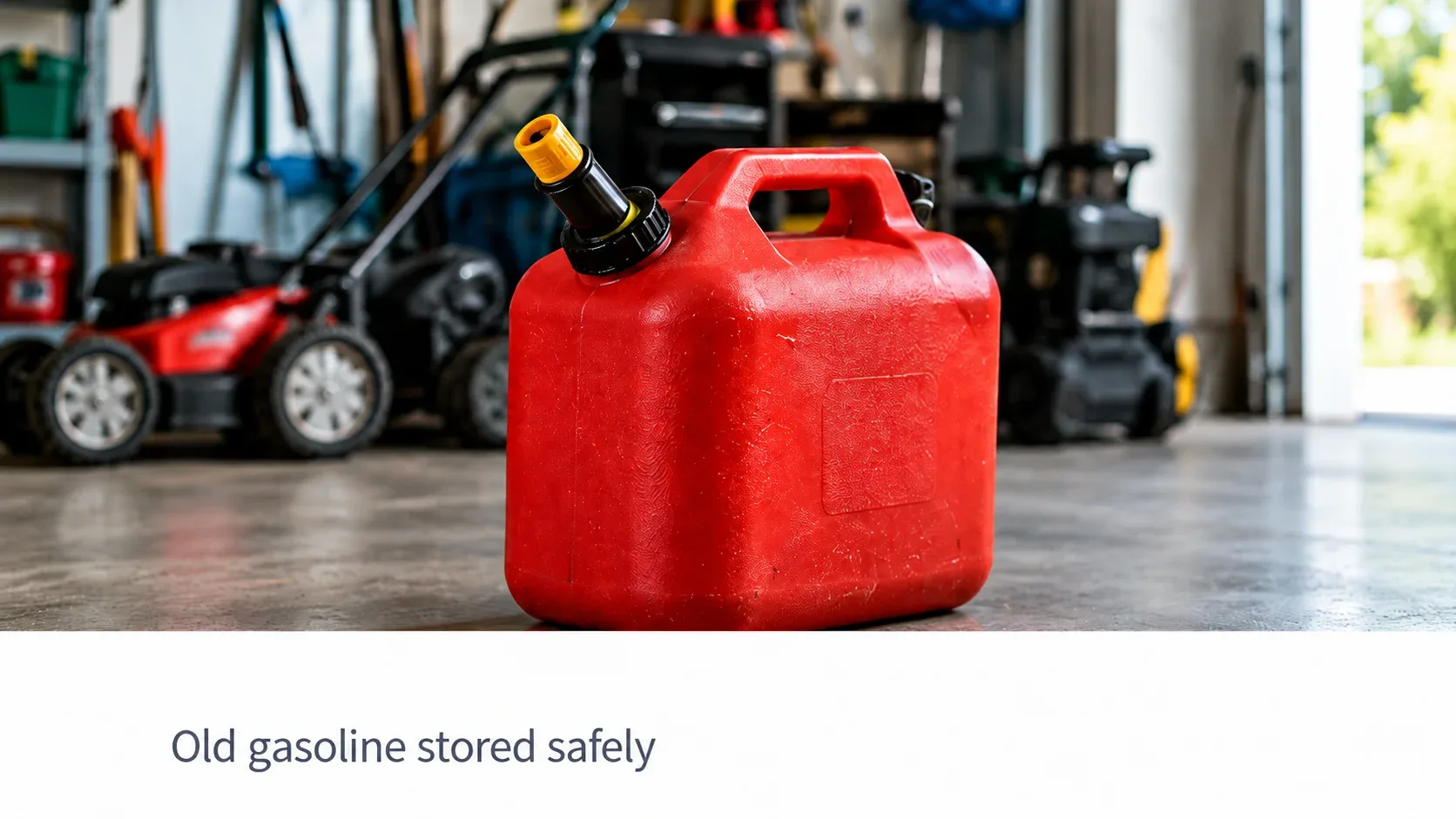 Old gasoline container stored safely in a garage before disposal