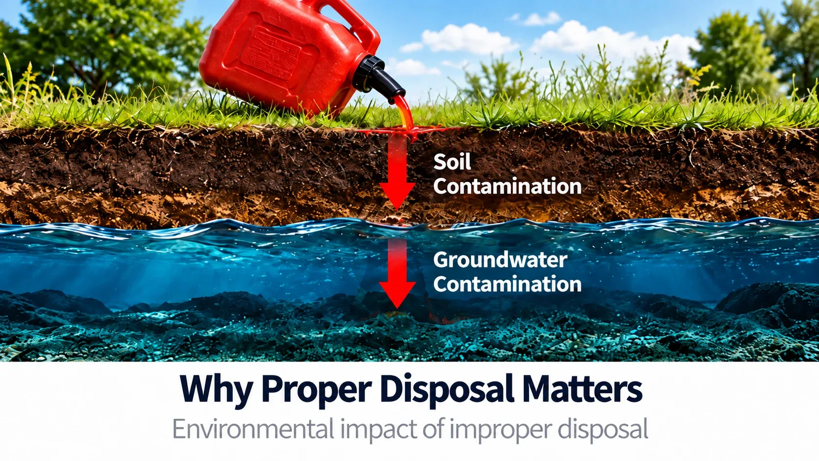 Illustration showing gasoline pollution affecting soil and groundwater
