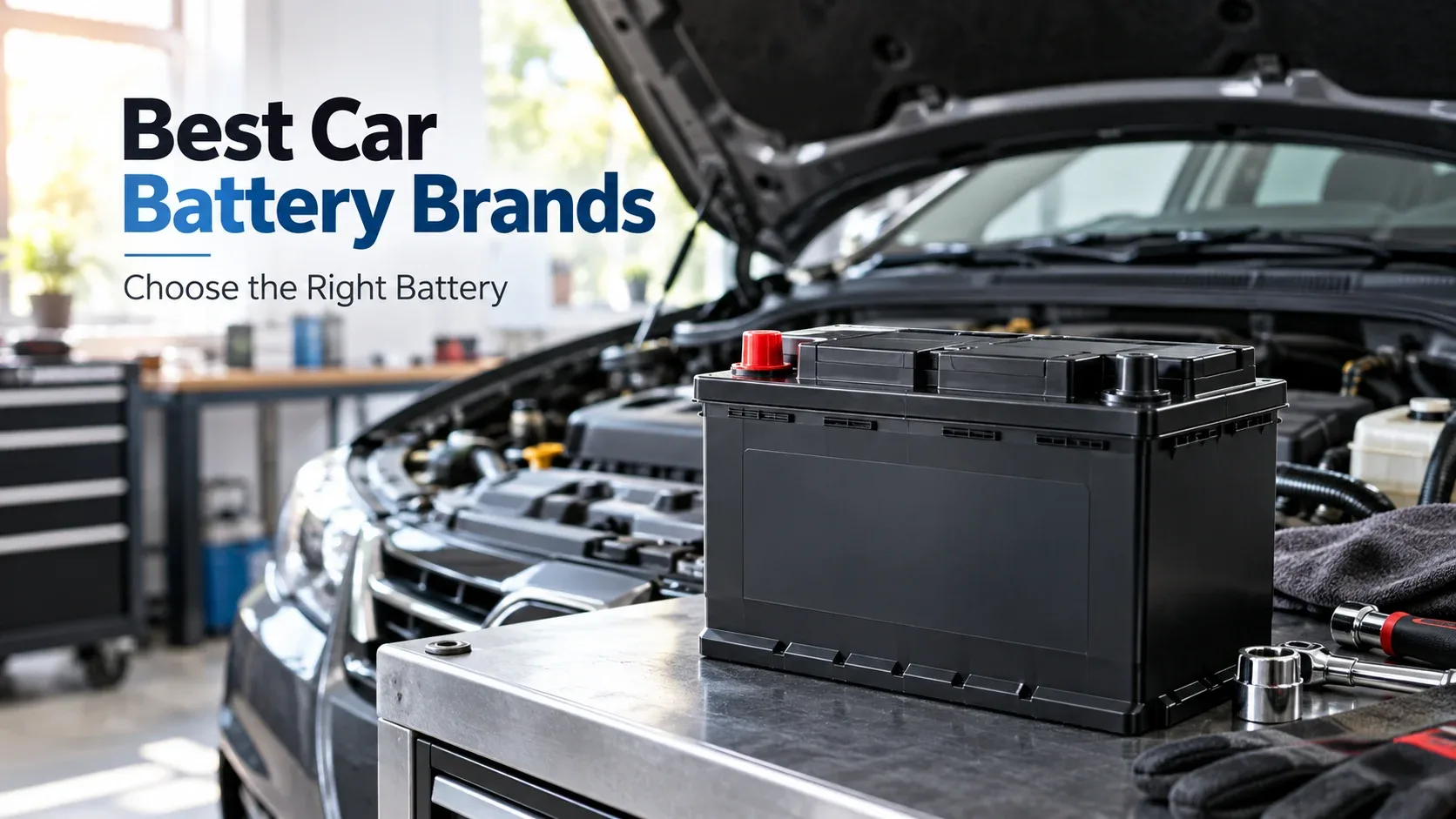 Car battery beside an open vehicle hood in a garage