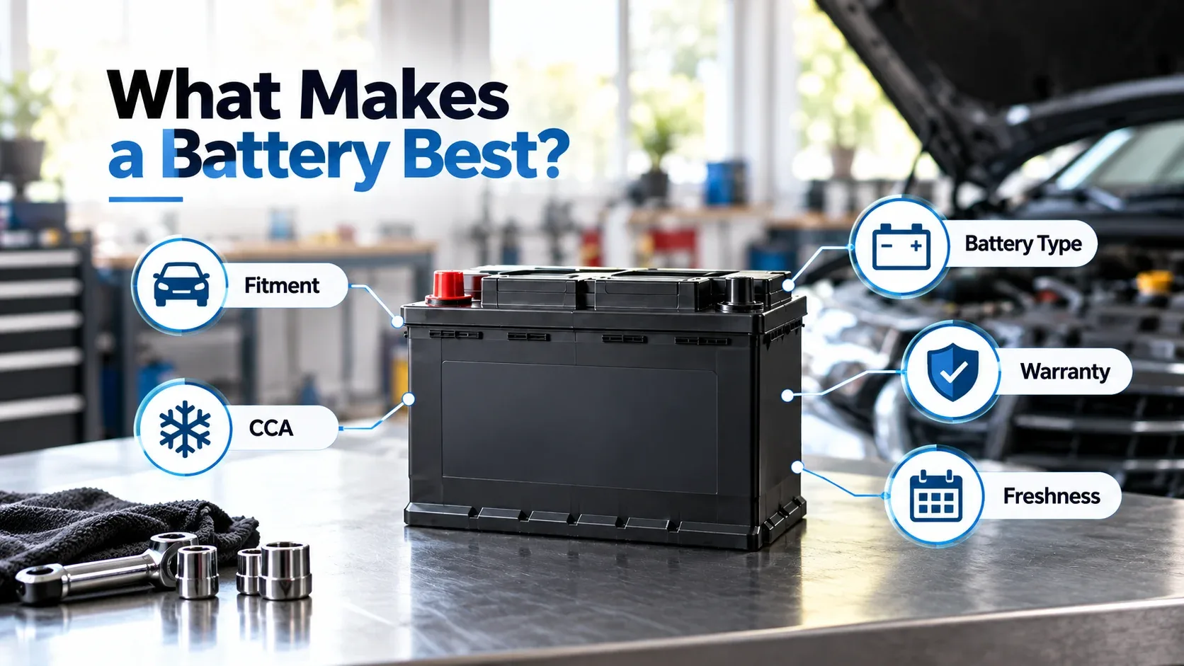Car battery surrounded by fitment CCA type warranty and freshness factors