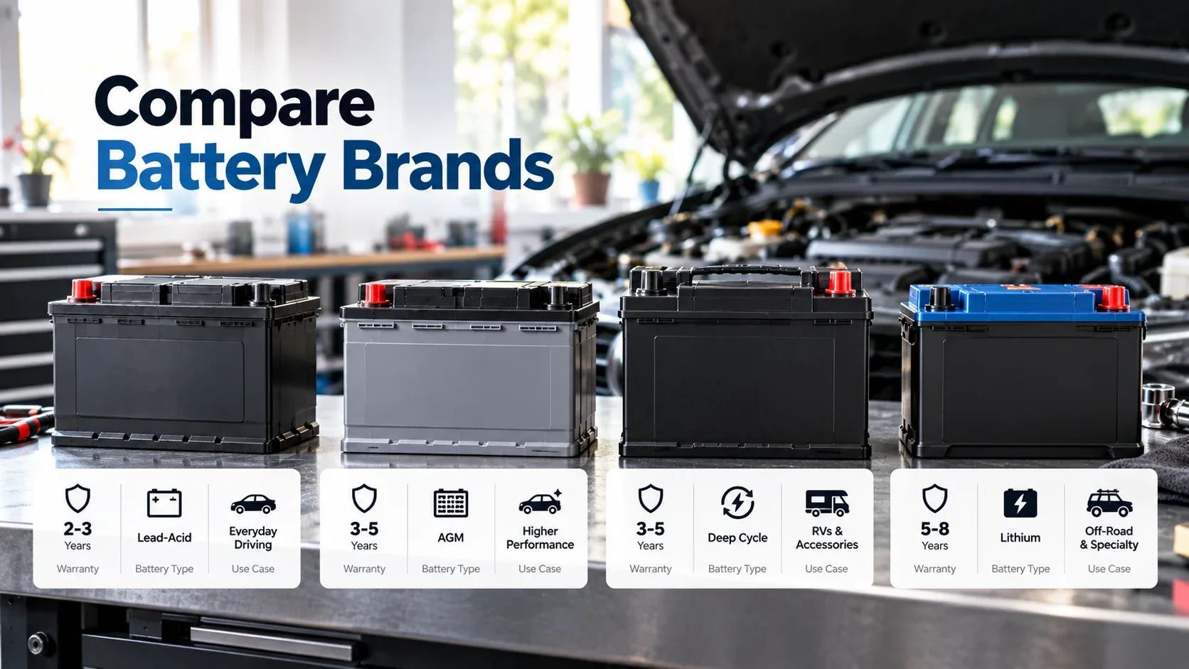 Several automotive batteries lined up for comparison