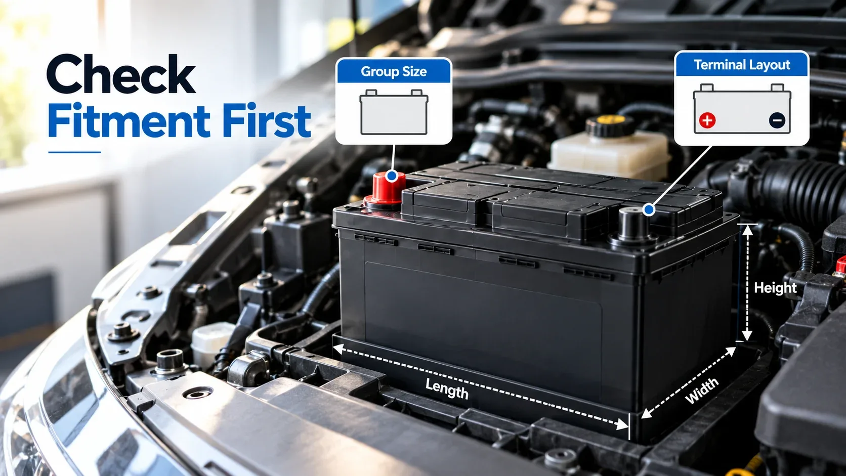 Car battery measurements group size and terminal position