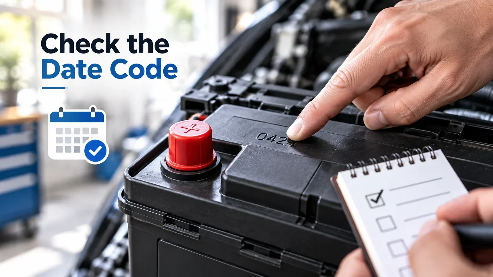 Car battery manufacturing date code being checked