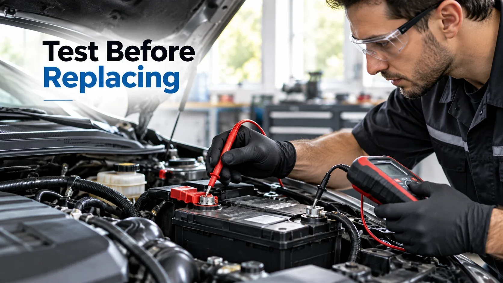 Technician testing a car battery with a battery tester