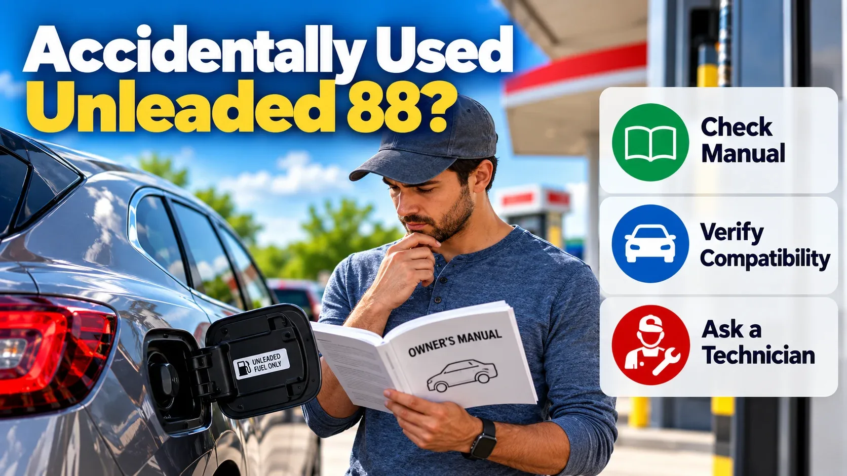 Driver checking vehicle manual after accidentally using Unleaded 88