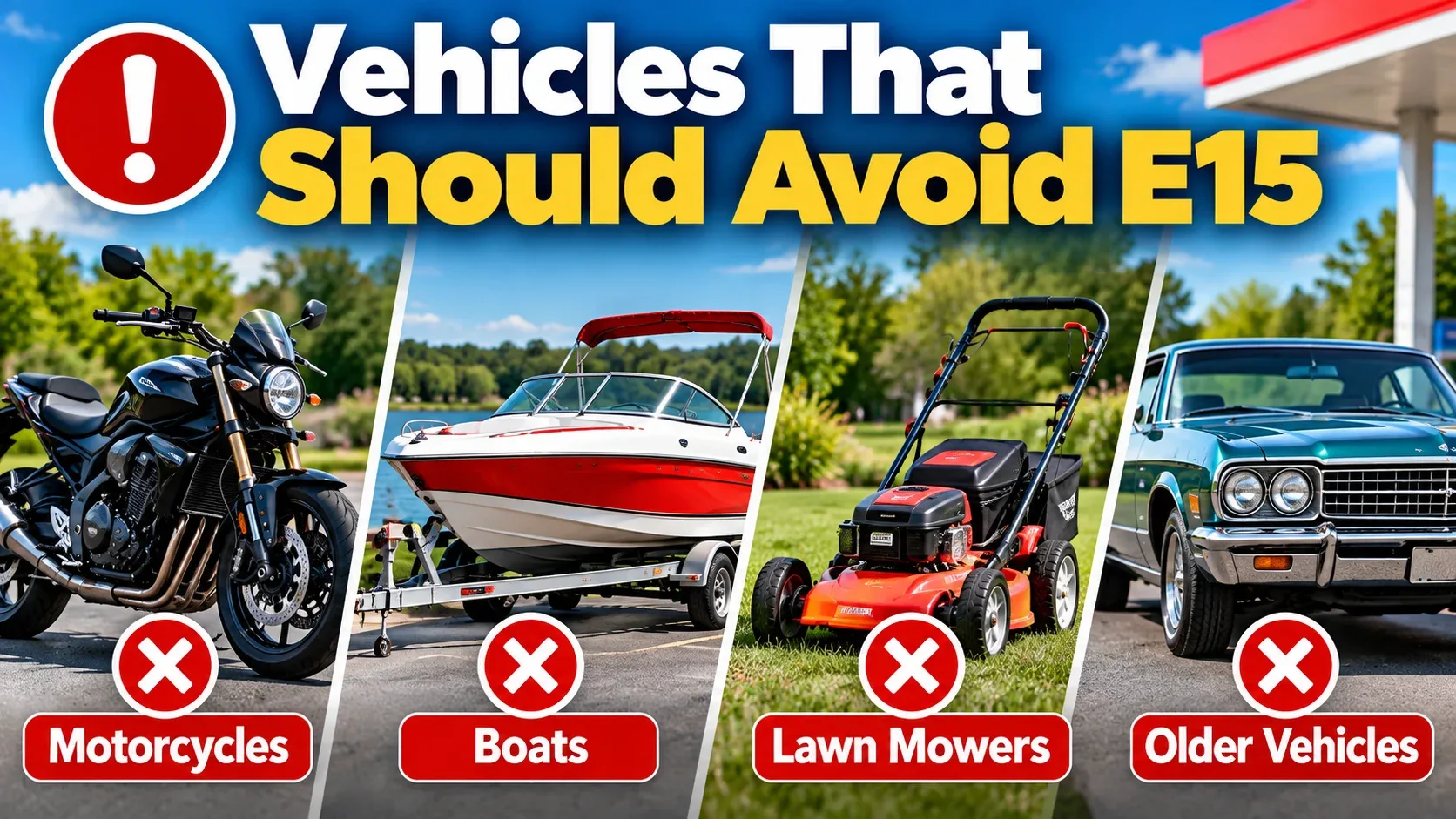 Motorcycle boat lawn mower and older vehicle showing E15 caution