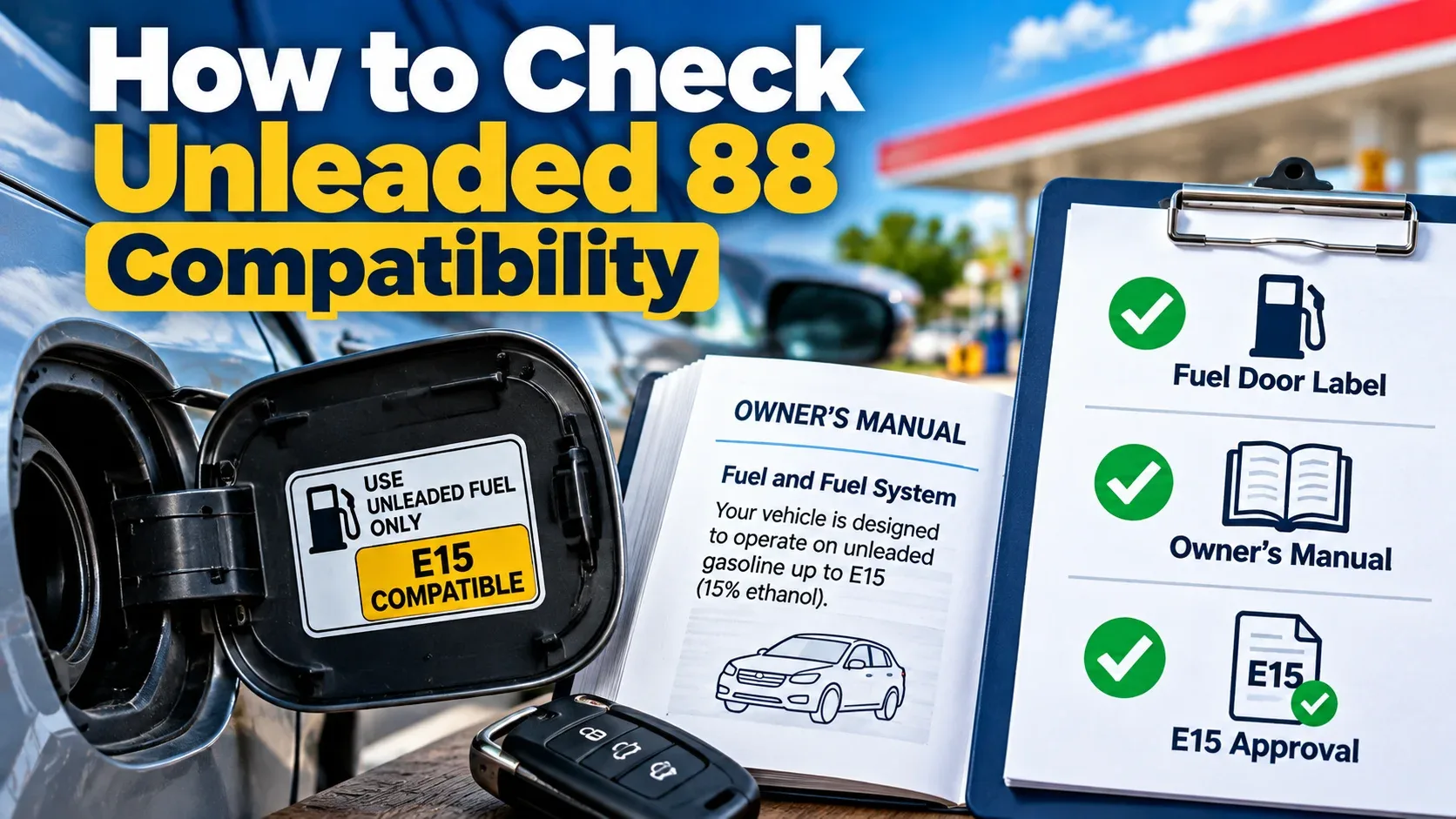 Owner checking fuel door owner's manual and manufacturer information for E15 compatibility