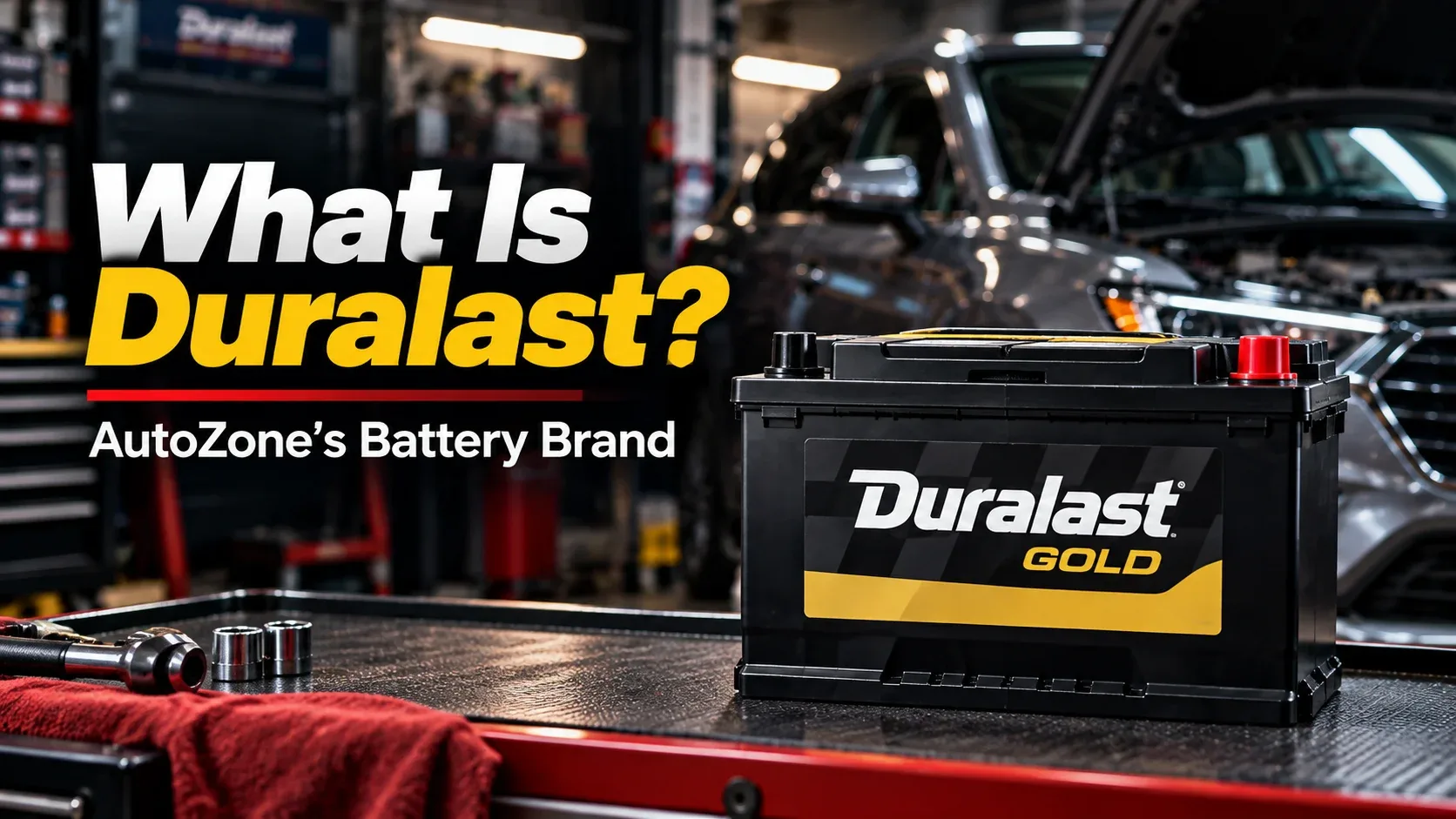 Automotive Duralast style battery on a garage workbench