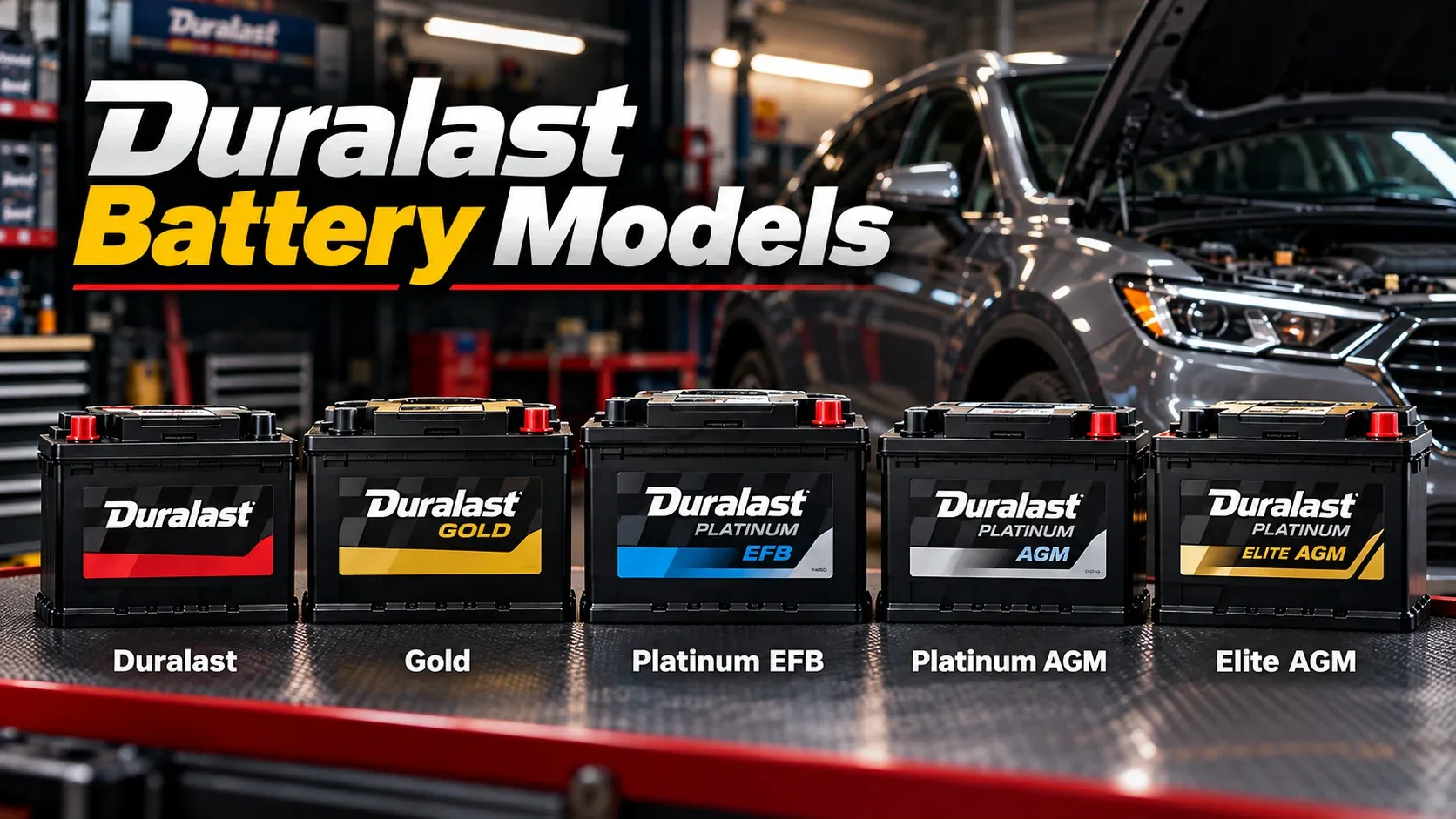 Duralast battery lineup including standard Gold EFB AGM and Elite AGM models