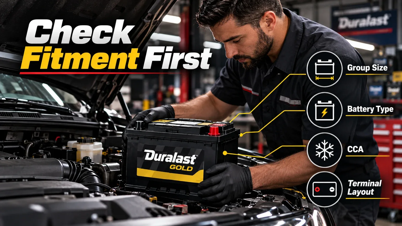 Checking group size CCA battery type and terminal position before buying a car battery