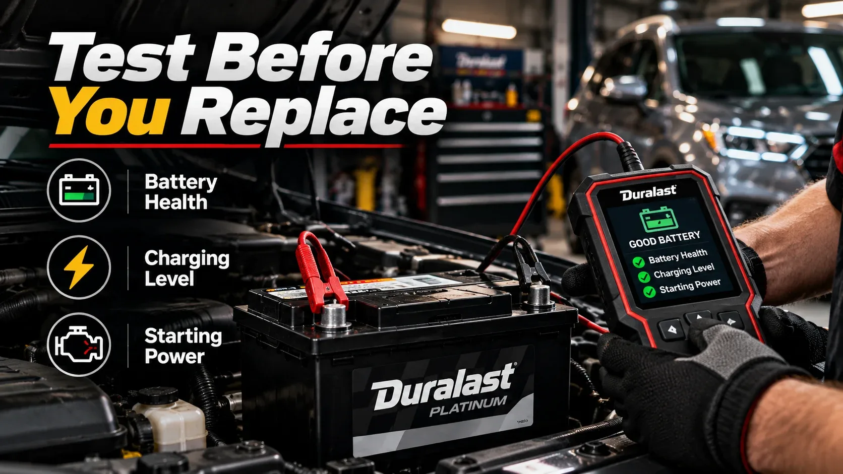 Battery tester connected to a car battery before replacement