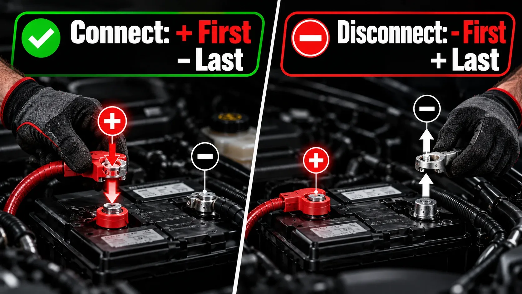 Battery terminal order showing positive first when connecting and negative first when disconnecting