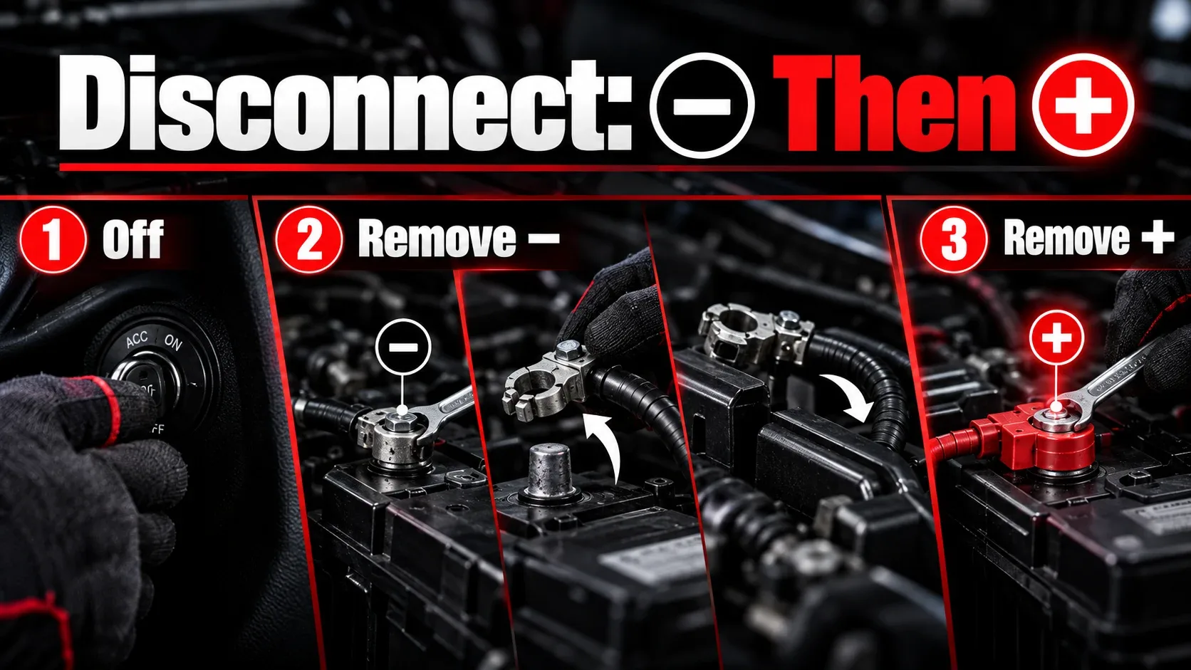 Step by step sequence for safely disconnecting a car battery