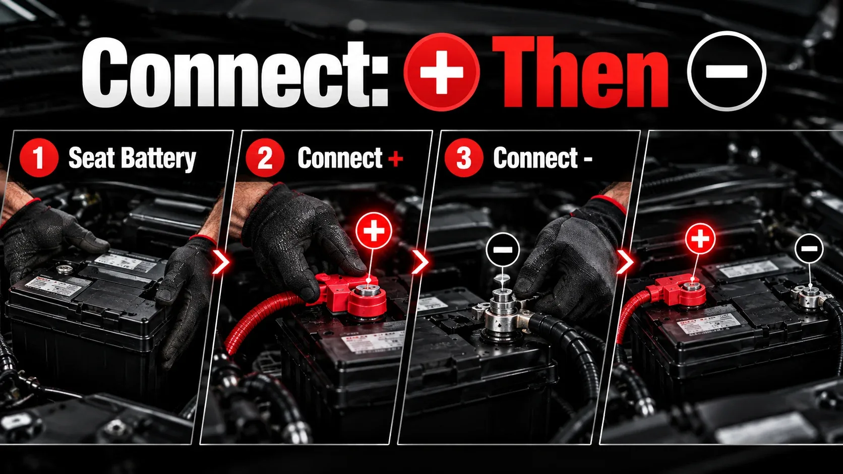 Step by step sequence for safely connecting a car battery
