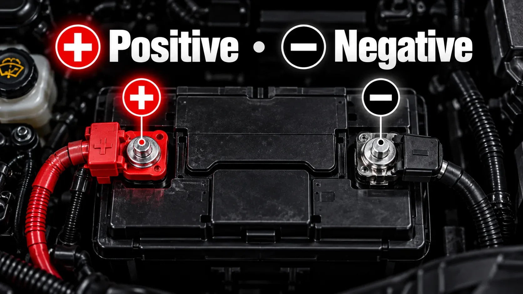 Positive and negative battery terminals marked with plus and minus symbols
